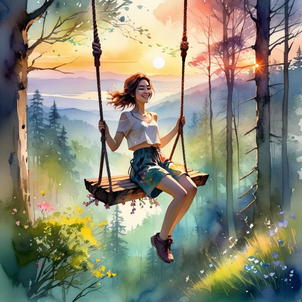 Girl on Rope Swing in Spring Forest Watercolor