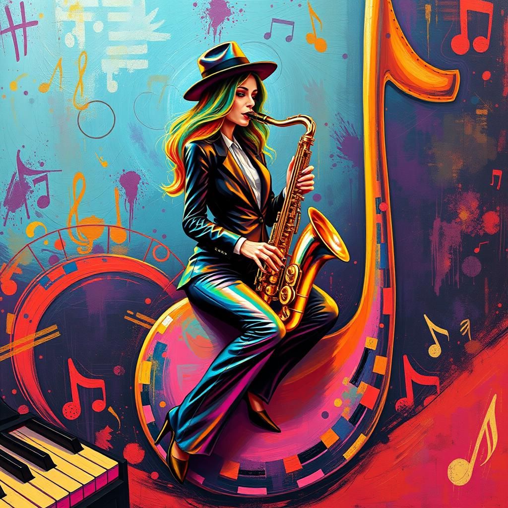 Rainbow-Haired Saxophonist in Fauvist Jazz Scene