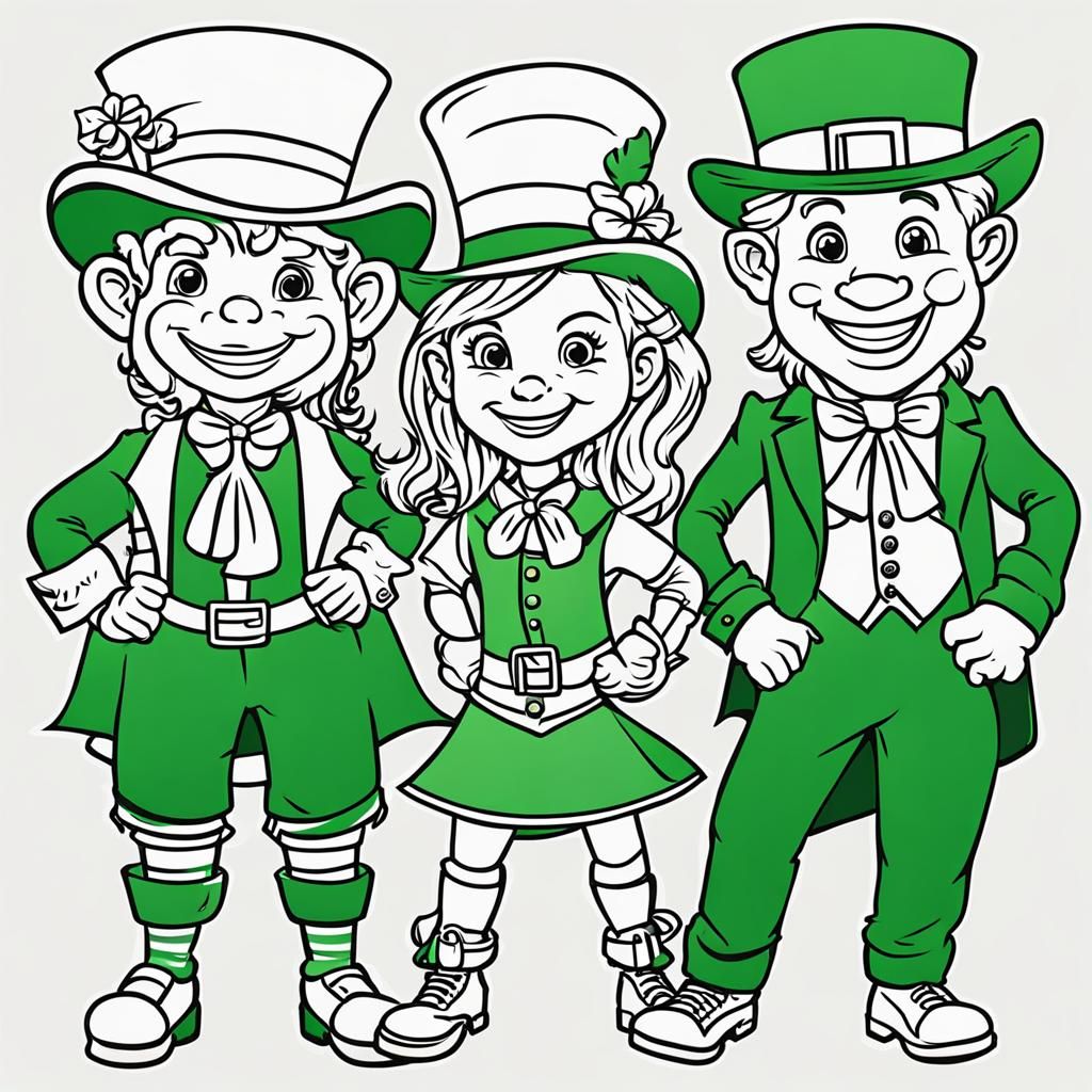 Cartoon Leprechaun Outlines: Three Females and One Male