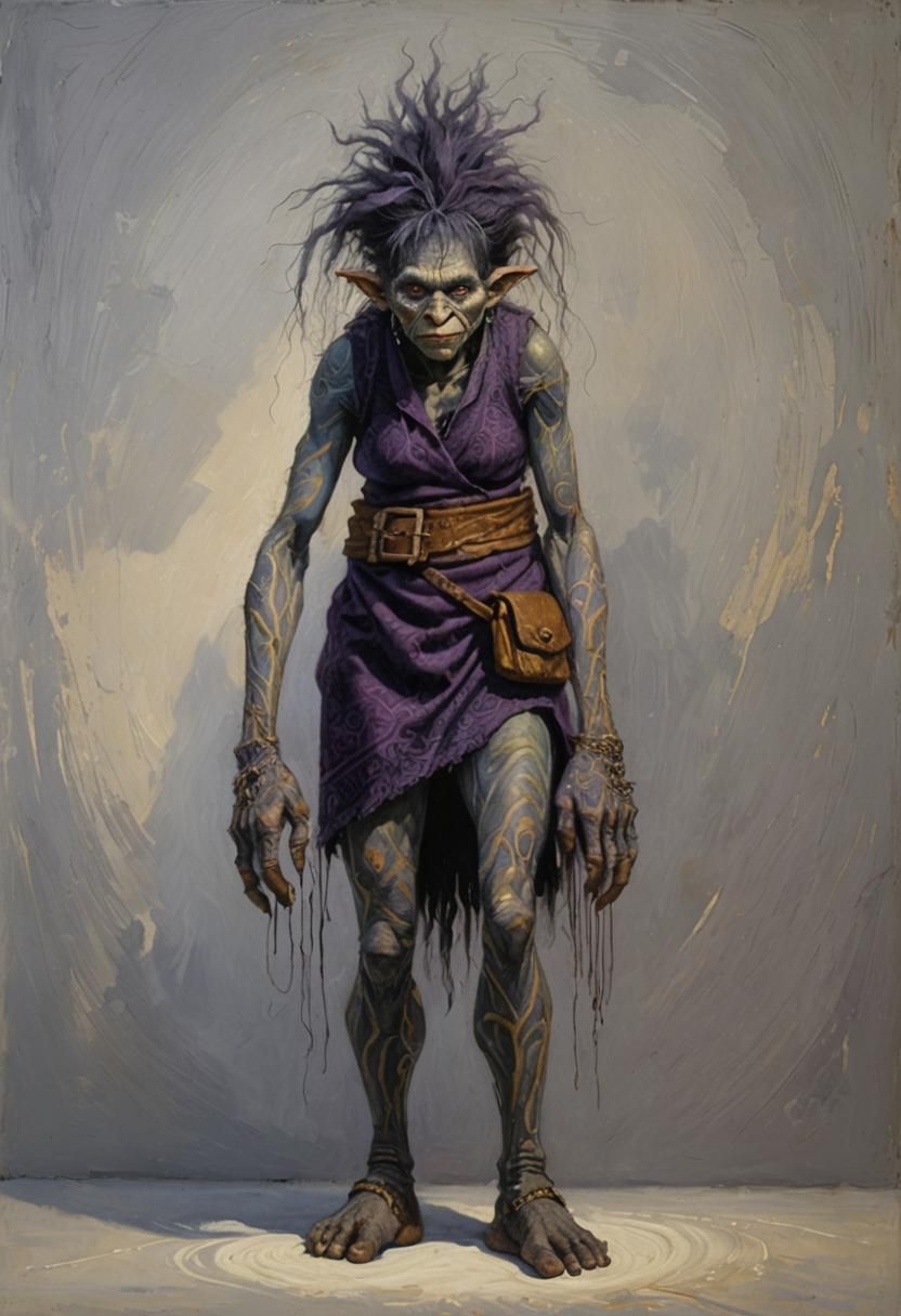 Gray Skinned Troll Woman in Rich Oil Painting