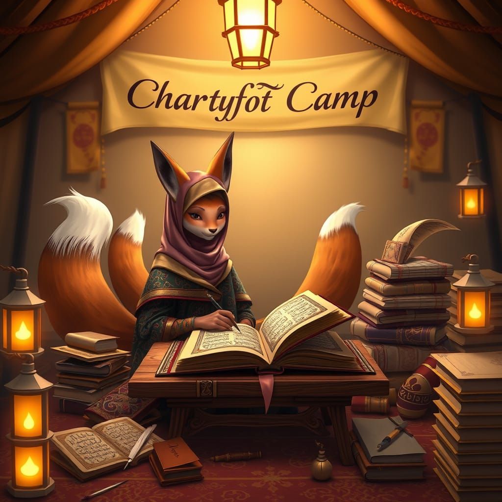 Enchanted Kitsune Scribes Illuminated Quran in Lantern-Lit T...