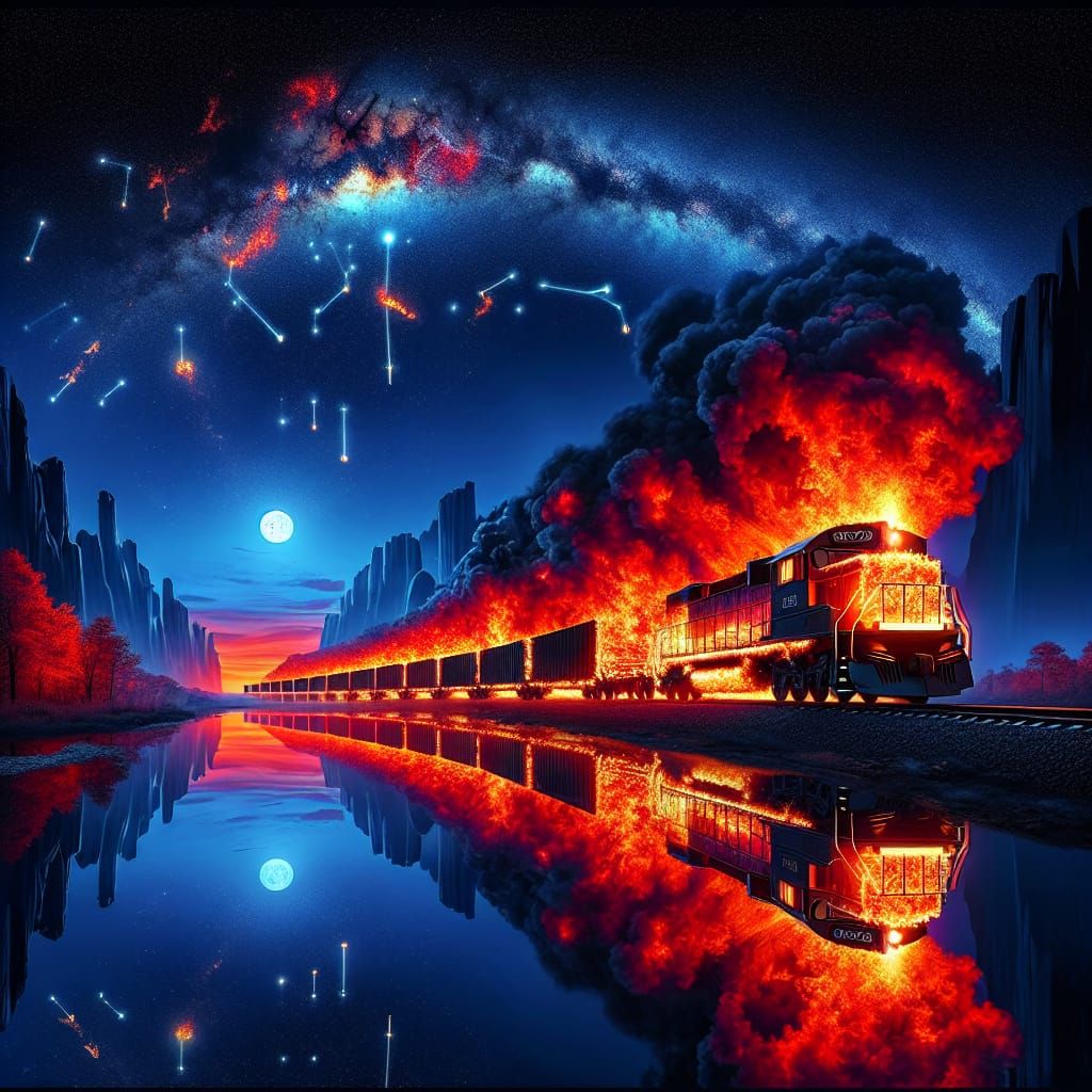 Fiery Train Over Mystical Chinese Landscape
