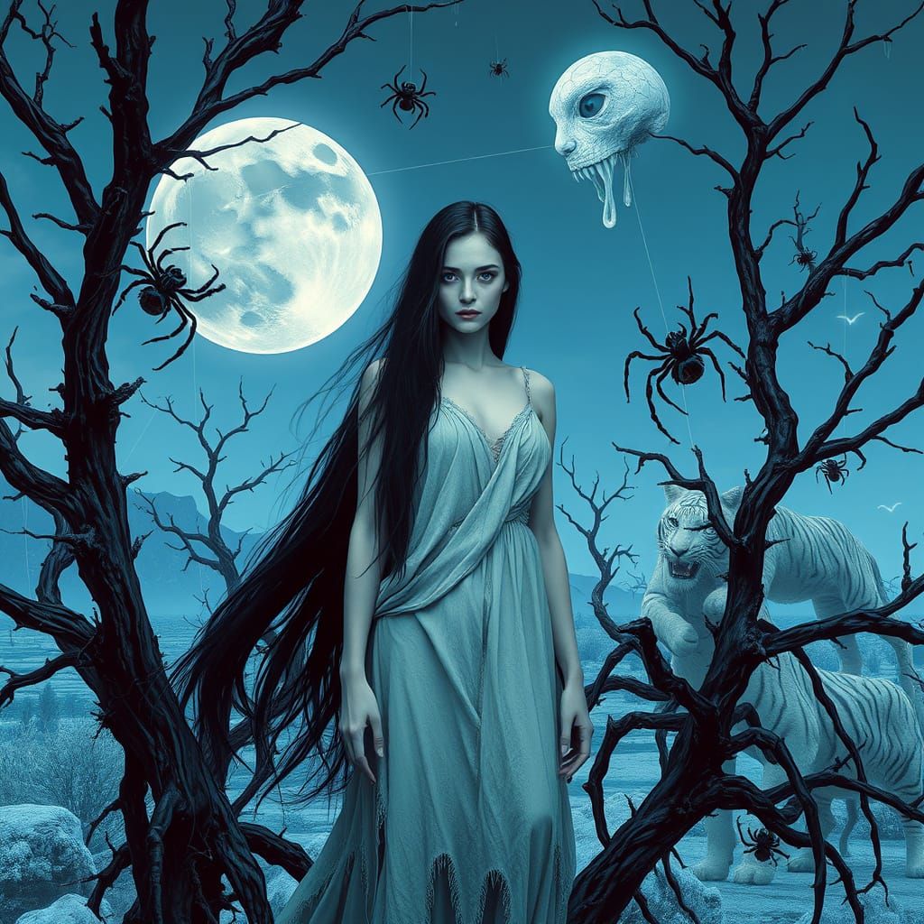 Surreal Desert Woman with Tigers and Melting Moon
