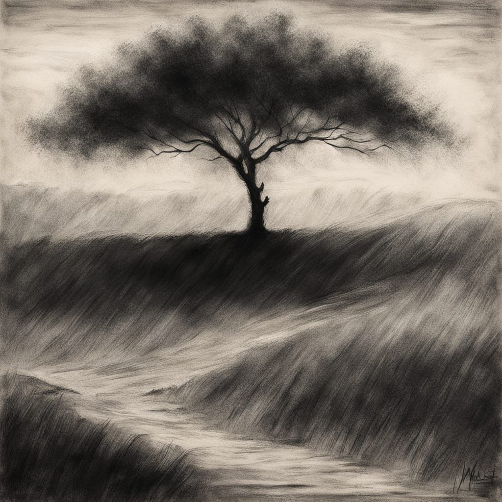 Minimalist Charcoal Landscape with Single Tree