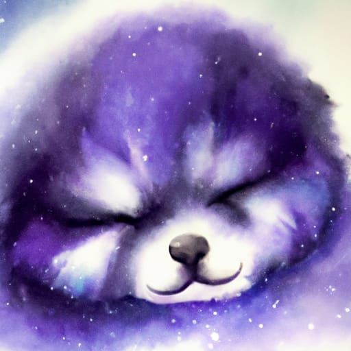 Watercolor of Adorable Fluffy Puppy in Cosmic Colors