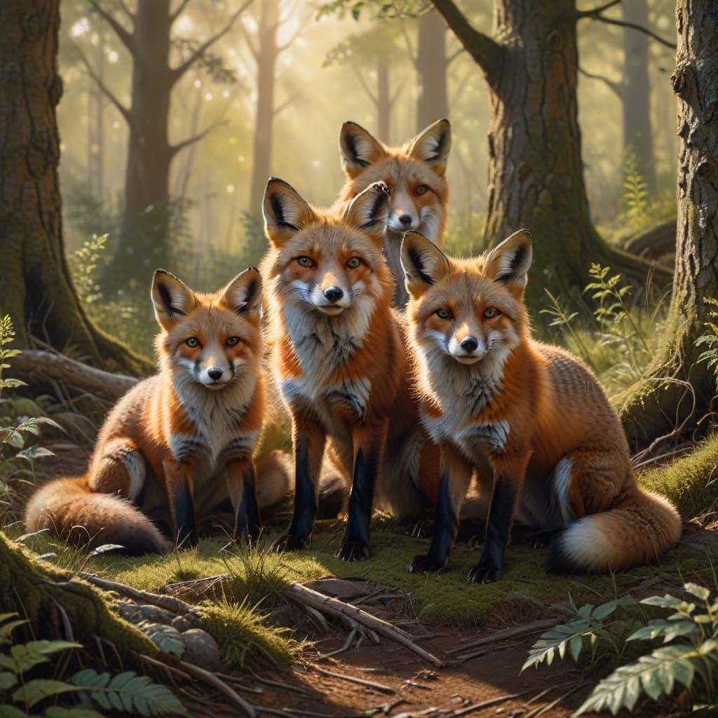 Red Fox Family in Forest as Oil Painting