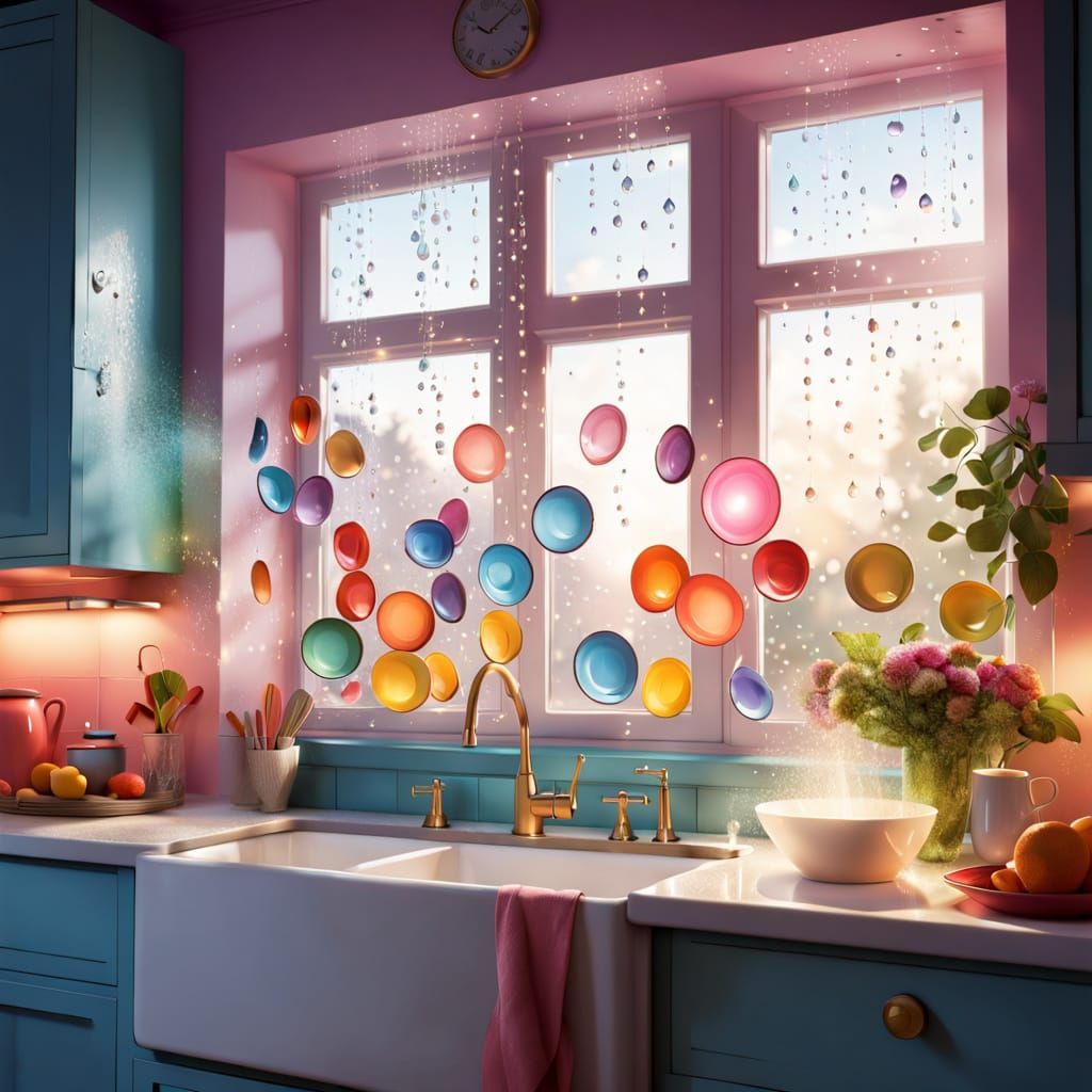 Magical Kitchen Scene: Self-Washing Dishes in Sunlight