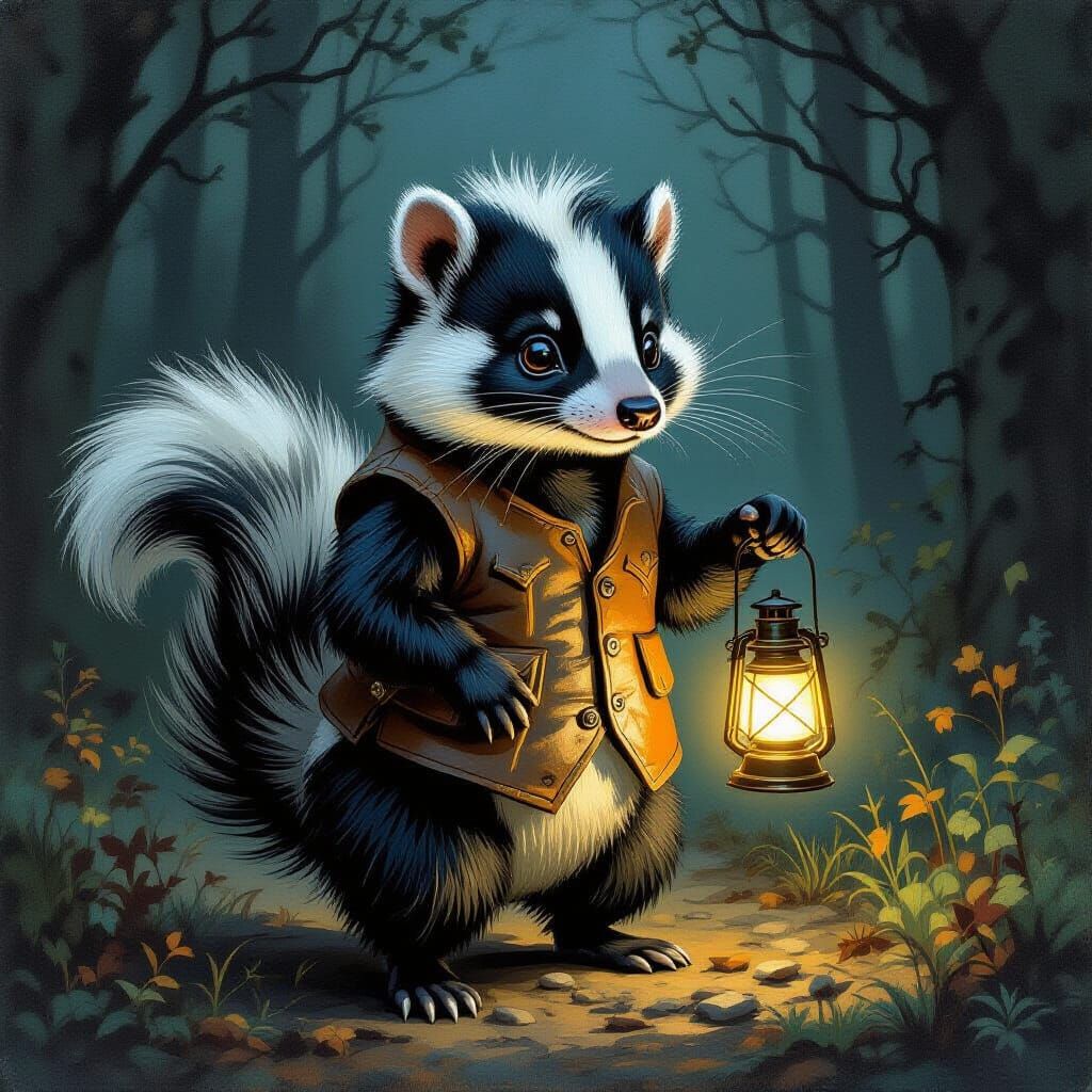 Anthropomorphic Skunk With Lantern in Dark Forest