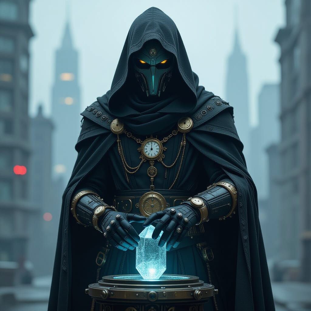 Chrono-Siphon Supervillain in Dystopian Cityscape