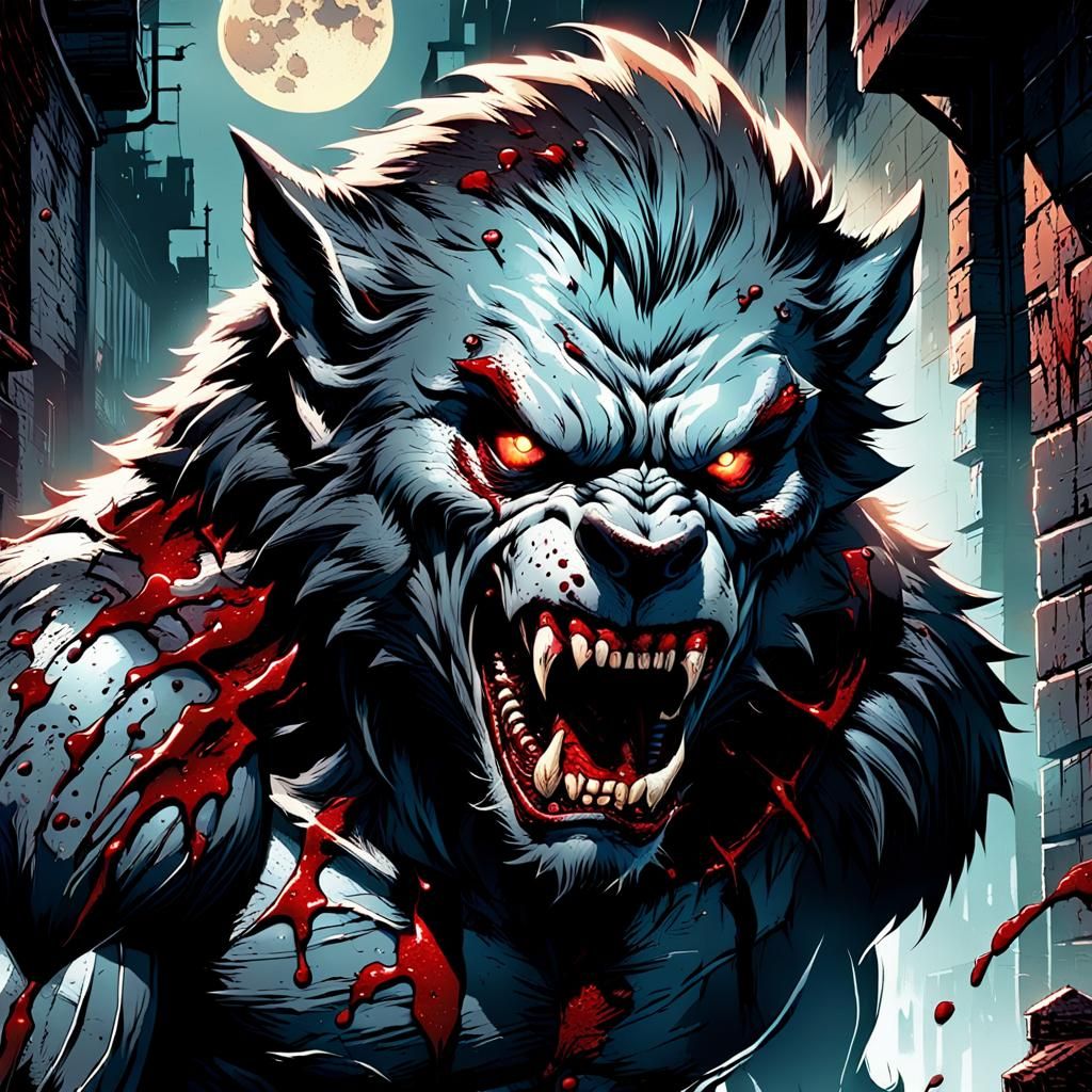 Bloody Snarling Werewolf in Dark Comic Art