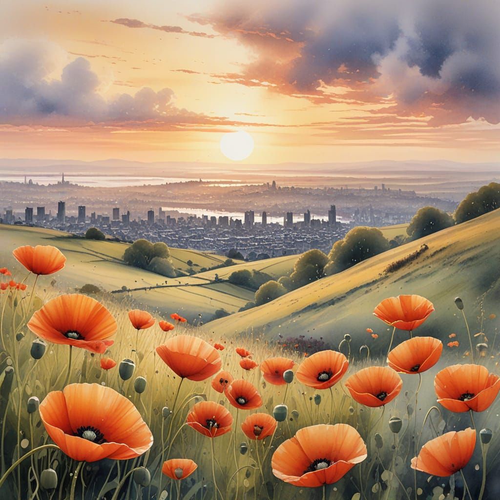 Scottish Autumn Sunrise Over Misty Cityscape in Watercolour