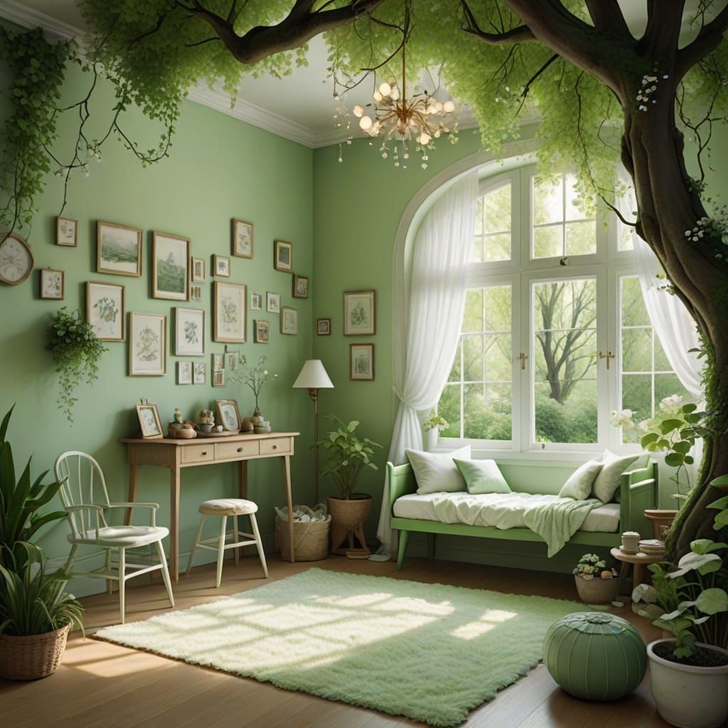 Ethereal Green and White Dreamscape: Miyazaki-Inspired Art