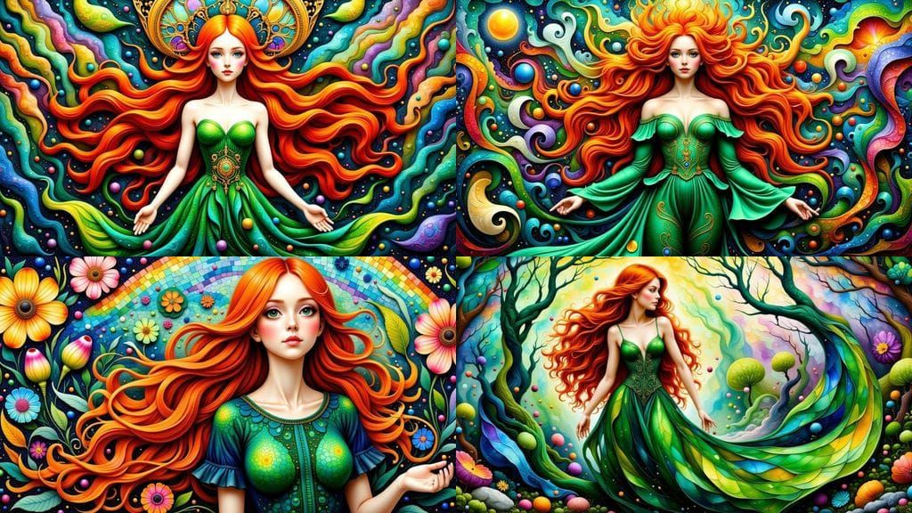 Whimsical Irish Woman in Emerald Dress, in a Hyperkraximalis...