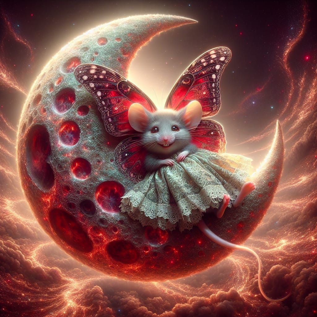 Dreamy Fantasy Landscape with Baby Mouse and Crimson Moon