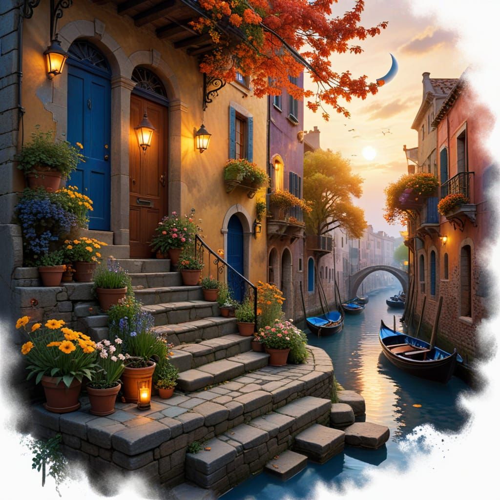 Vibrant Urban Courtyard with Sun and Moon