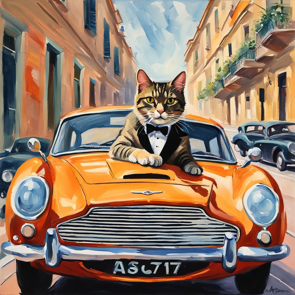 Cat as James Bond Driving Aston Martin in Gouache