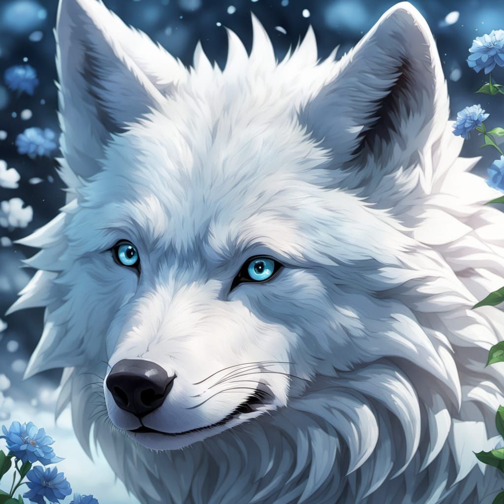 White Wolf with Blue Flowers in Anime Style