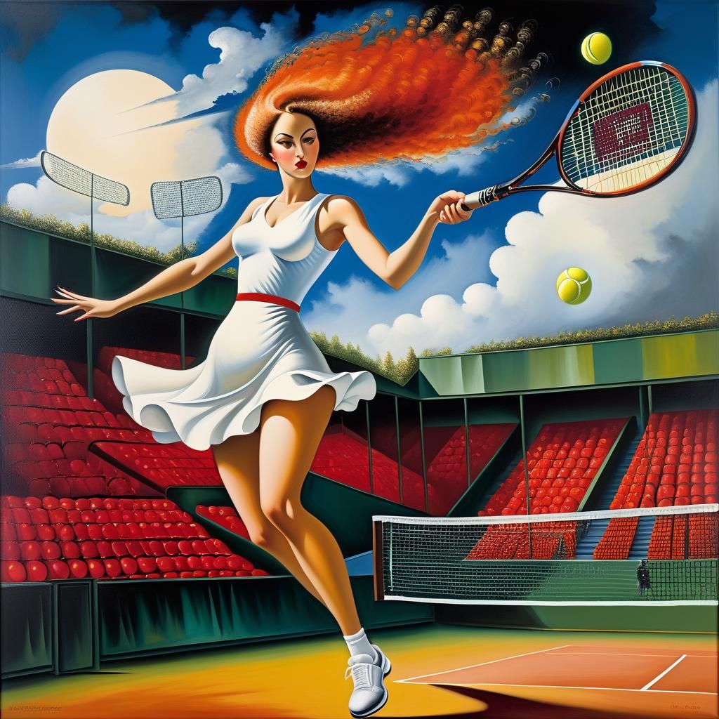 Woman Playing Tennis in Surreal Art Deco Style