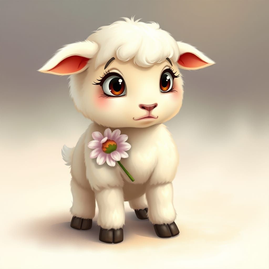 Worried Lamb with Flower: Storybook Illustration