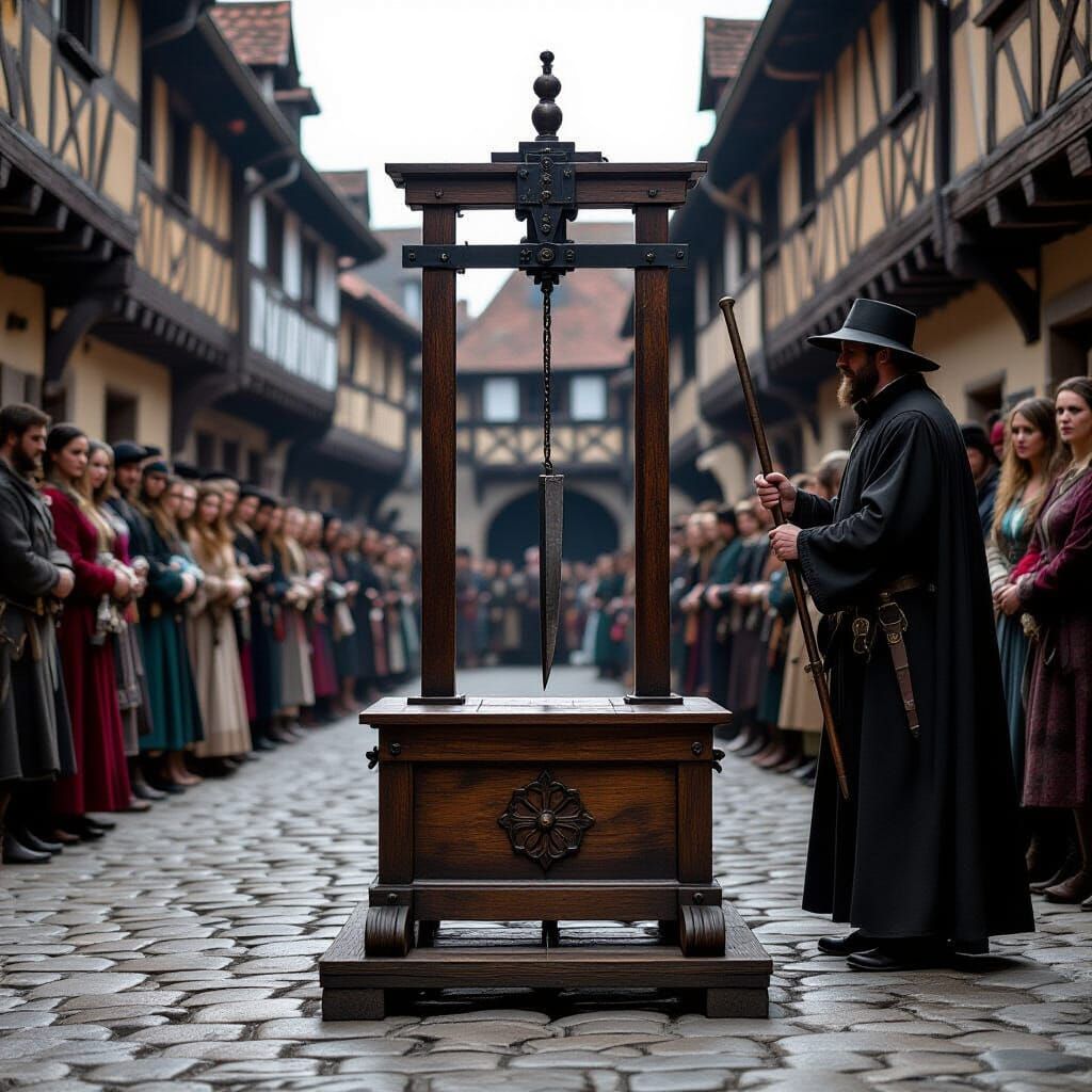 Medieval Guillotine Scene with Terrified Crowd