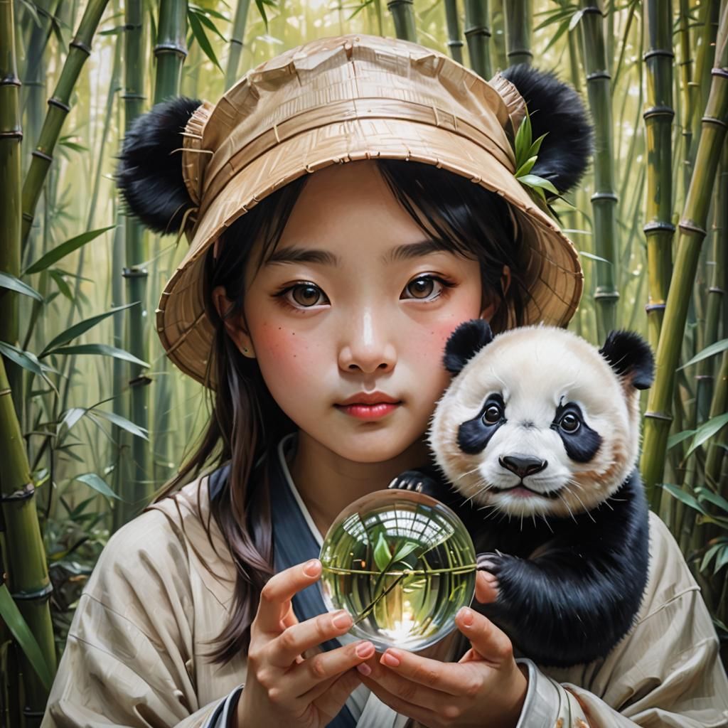 Japanese Girl with Panda Orb: Oil Painting Portrait