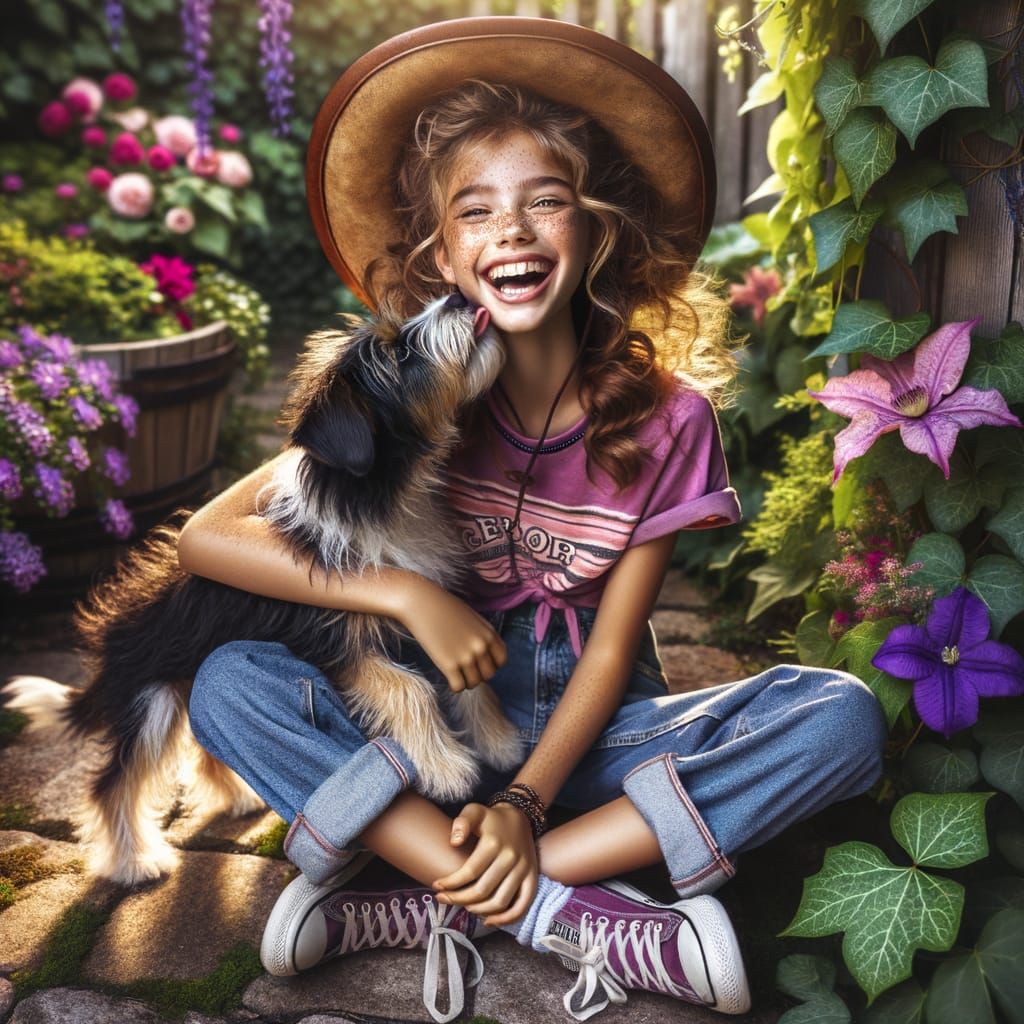 Girl with Puppy in Garden with Cowboy Hat