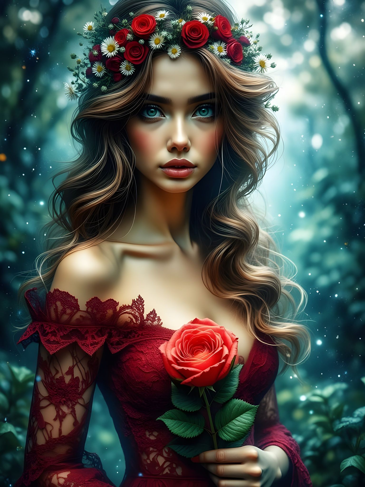 Underwater Goddess Portrait with Red Rose