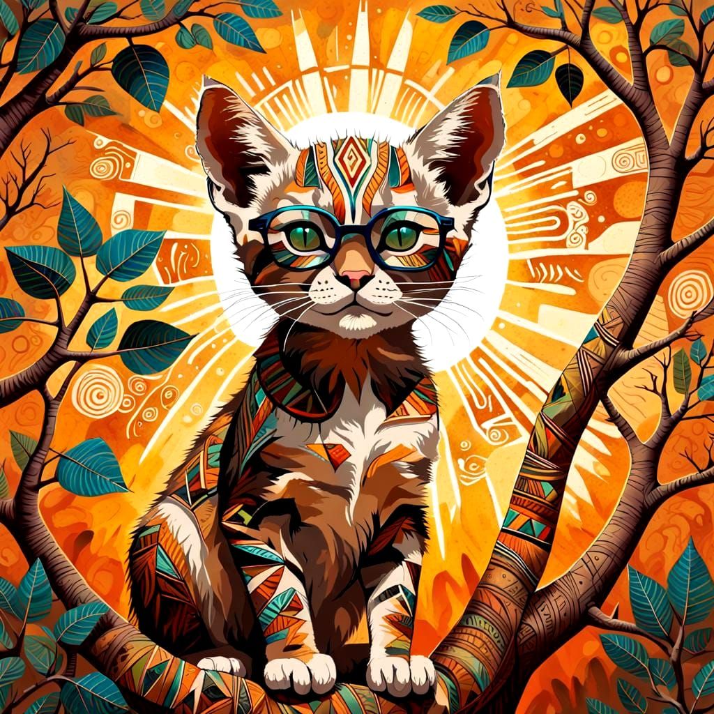 African Tribal Art: Kitten Playing in Savanna