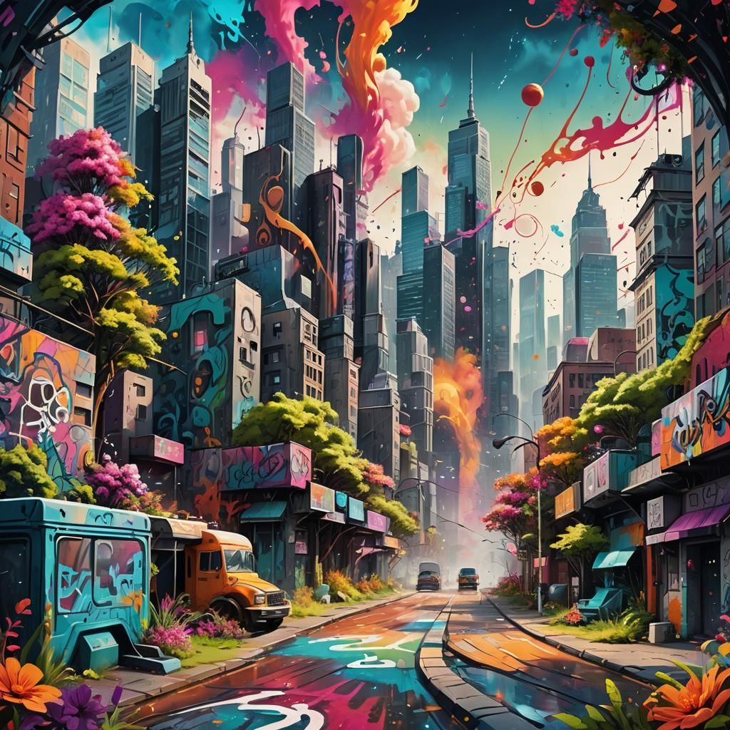 Futuristic Cityscape with Graffiti in Surrealist Style