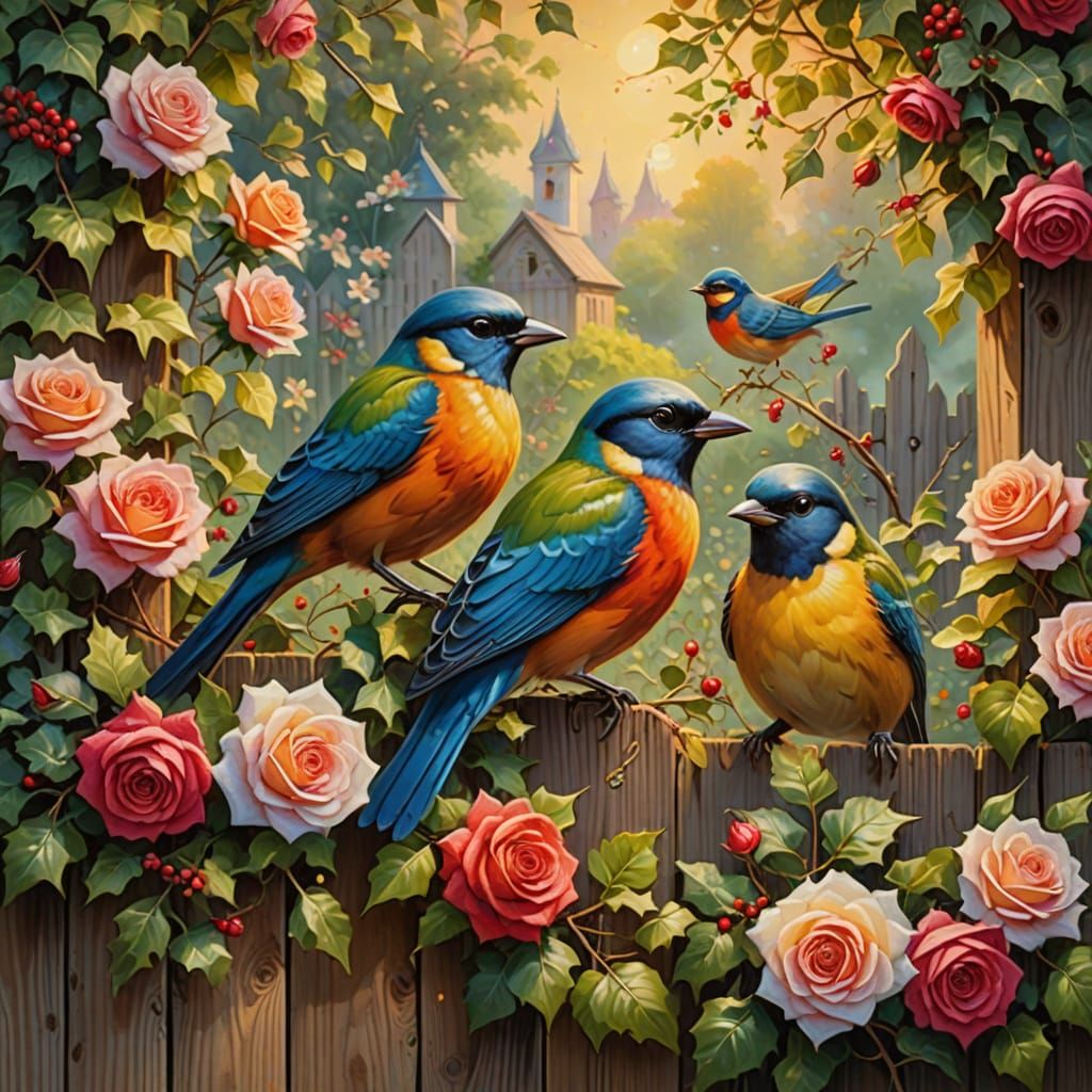 Romantic Oil Painting: Ivy, Roses, and Birds