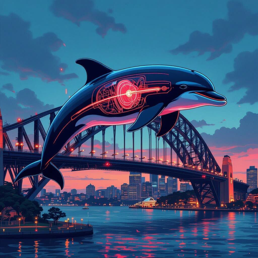 Dolphin with Visible Organs Over Sydney Bridge in Digital Ar...