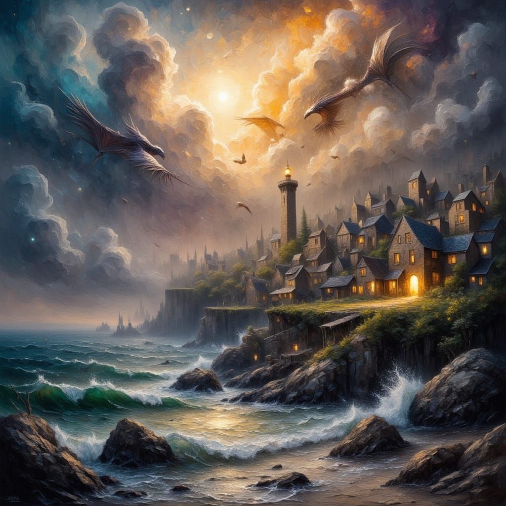 Seafaring Village Witnesses Celestial Storm Dragons