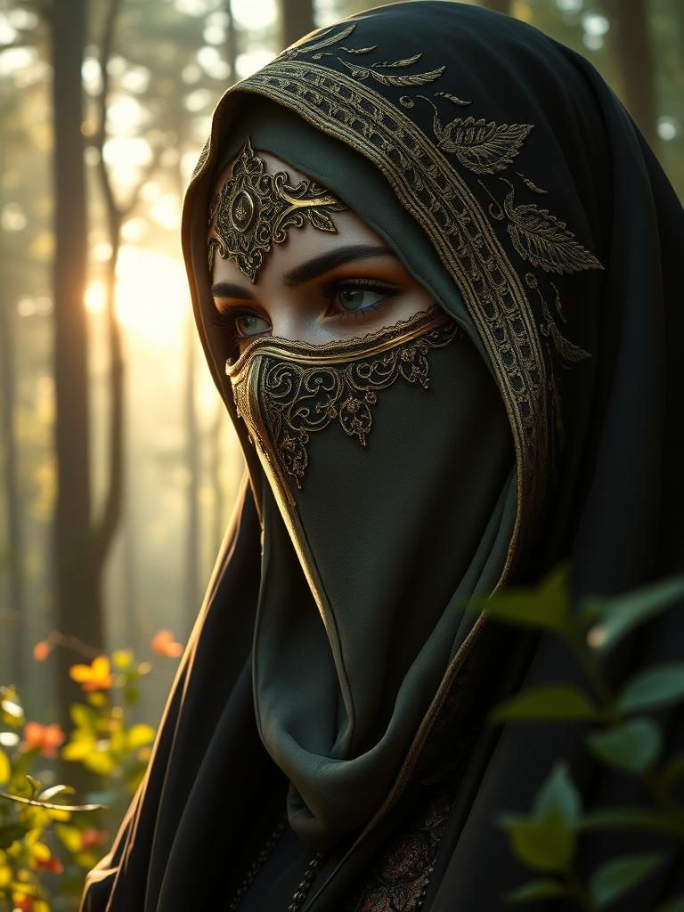 Gothic Elvish Woman in Mystic Garden, Oil Painting