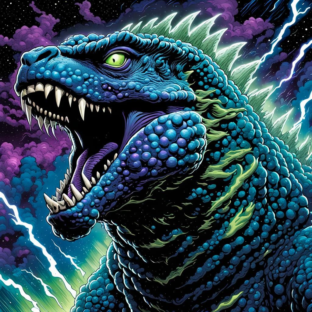 Godzilla Roaring in Cosmic Storm: Comic Book Art