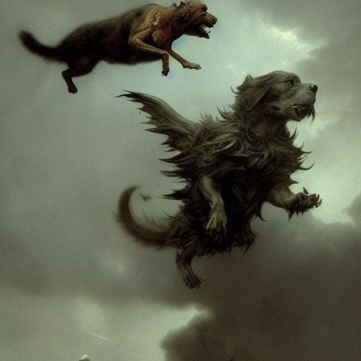 Dogs Flying, Chasing Cats in Gothic Horror Style