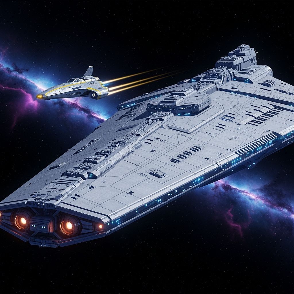 Massive Starship and Scout Ship in Deep Space Nebula