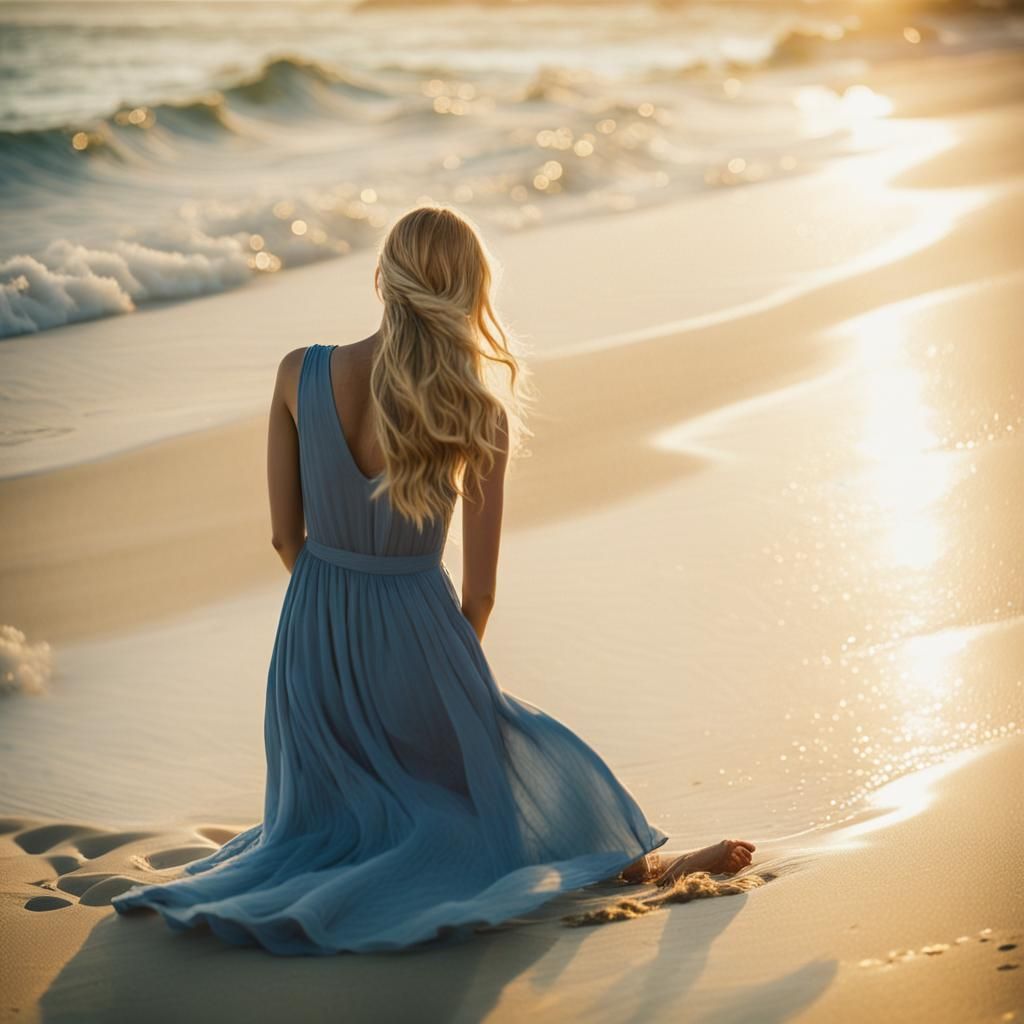 Blonde Girl and Ocean Waves in Golden Light