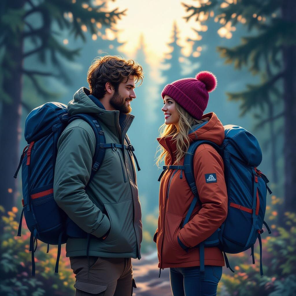 Hikers Preparing for Nightfall in Colorful Forest
