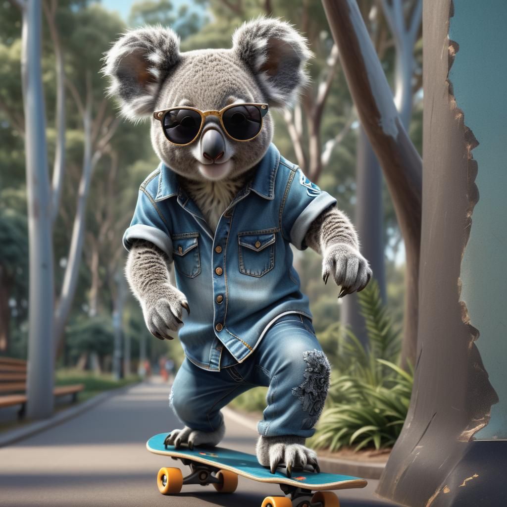 Koala Skateboarder in Park: Photorealistic 3D Rendering