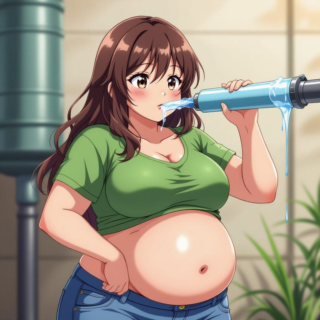 Anime Woman Drinking, Belly Expanding in Manga Style