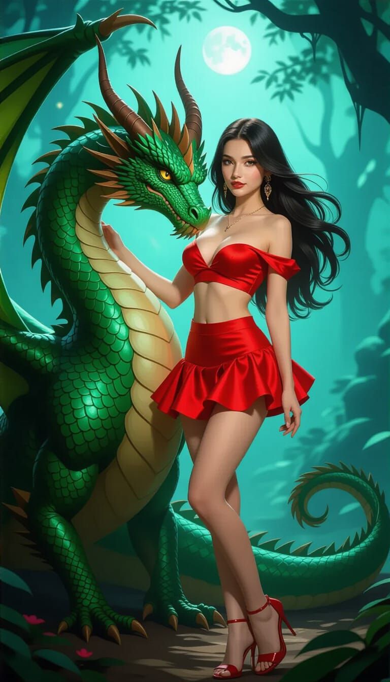 Fantasy Woman & Dragon in Moonlit Forest