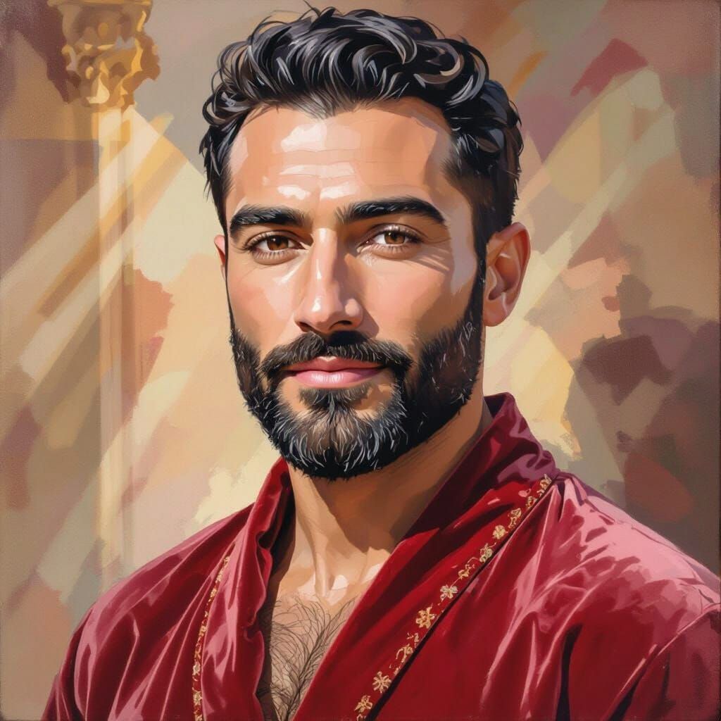 Proud Man in Red Velvet Robe, Neo-Impressionist Masterpiece
