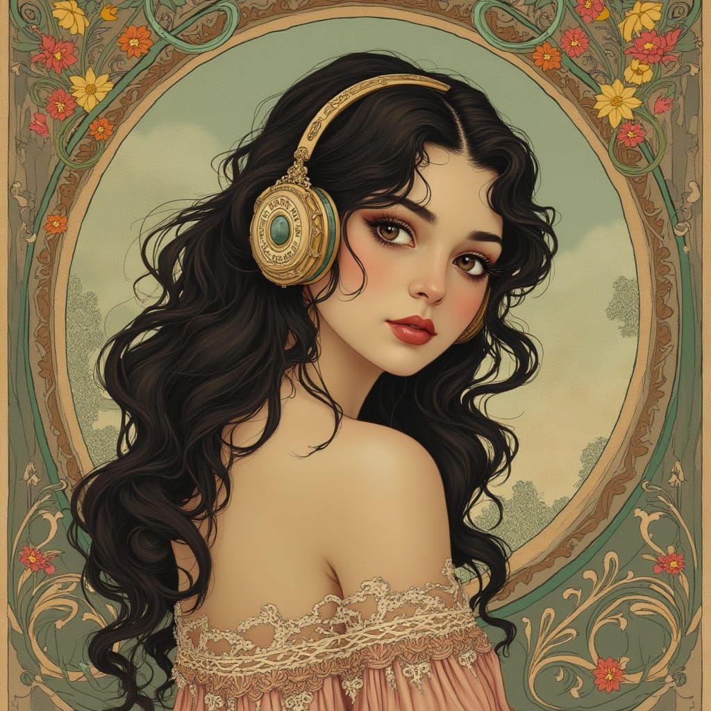 Woman in Elegant Art Nouveau Style, Listening with Vintage-I...