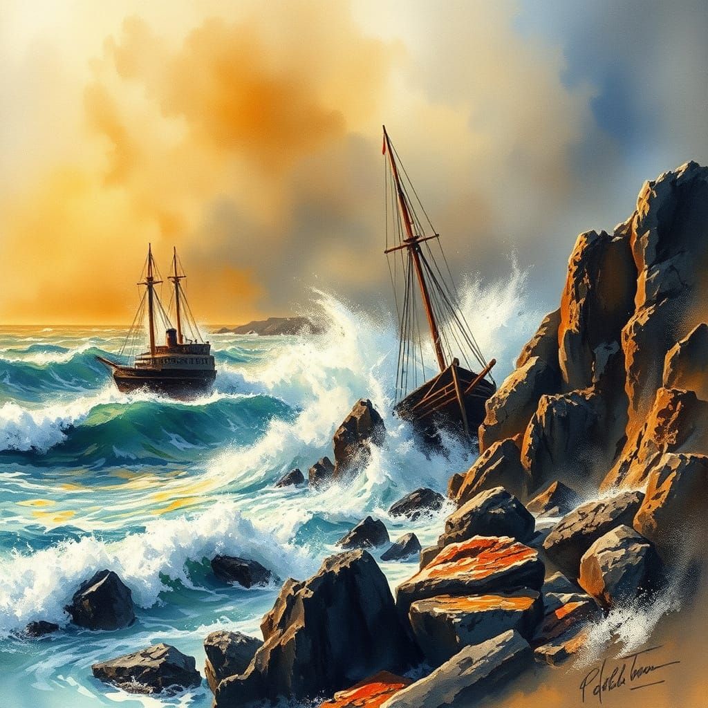 Impressionist Coastal Storm with Wrecked Ship and Turbulent ...