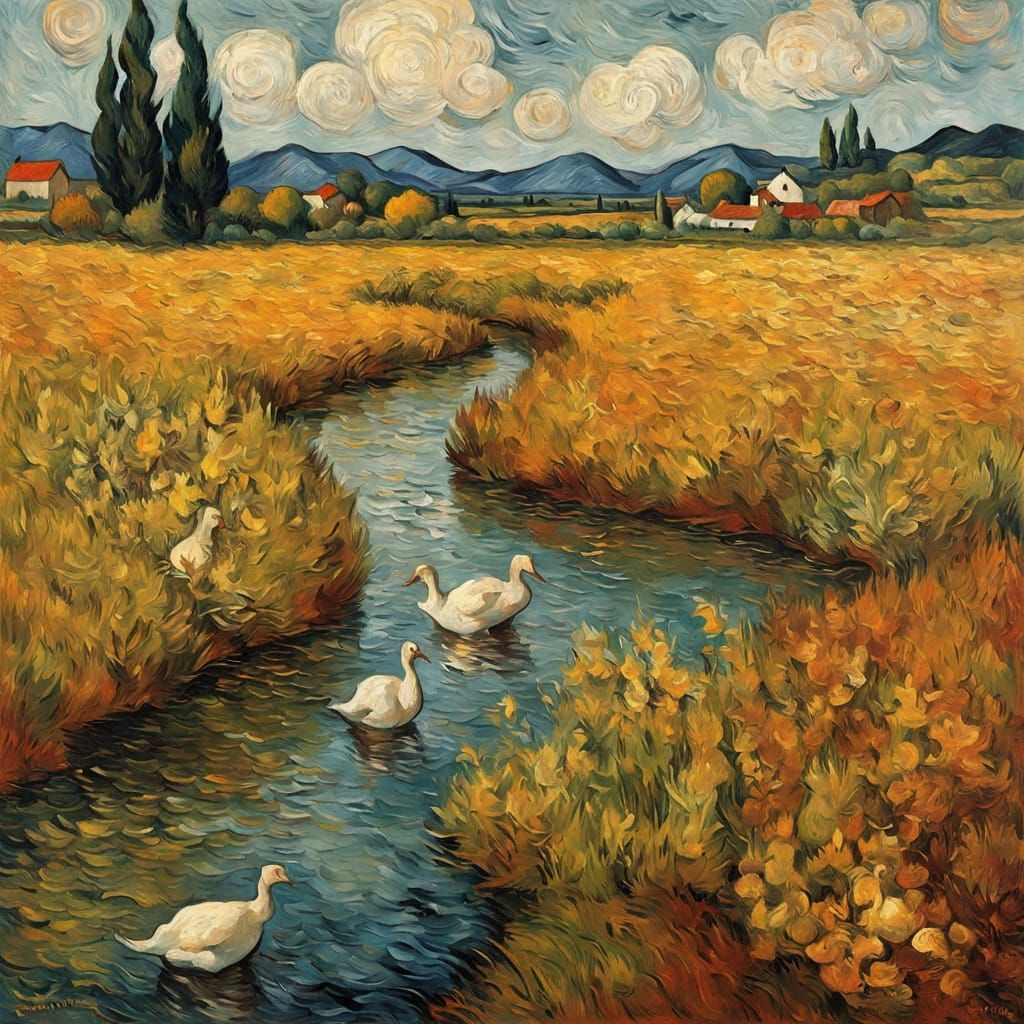 Surreal Geese Scene in Earthy Oil Painting