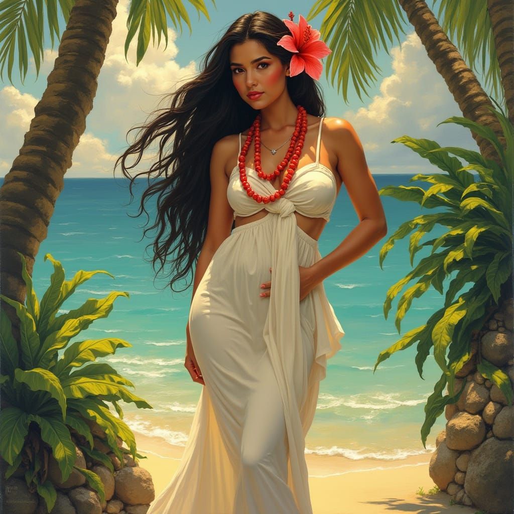 Tropical Goddess in White Maxi Dress with Red Lei and Flower...