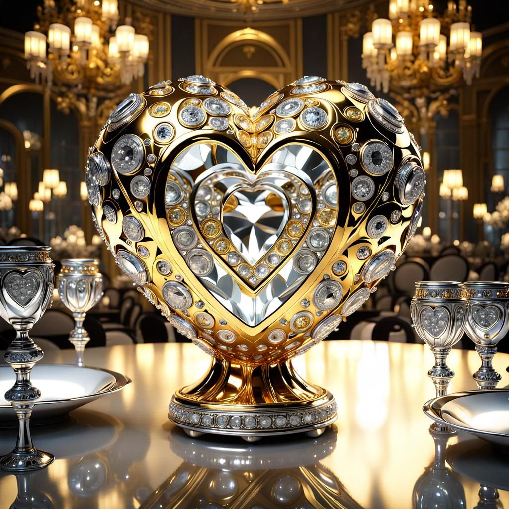 Gold and Silver Heart in Jeweled Vase, Fantasy Art