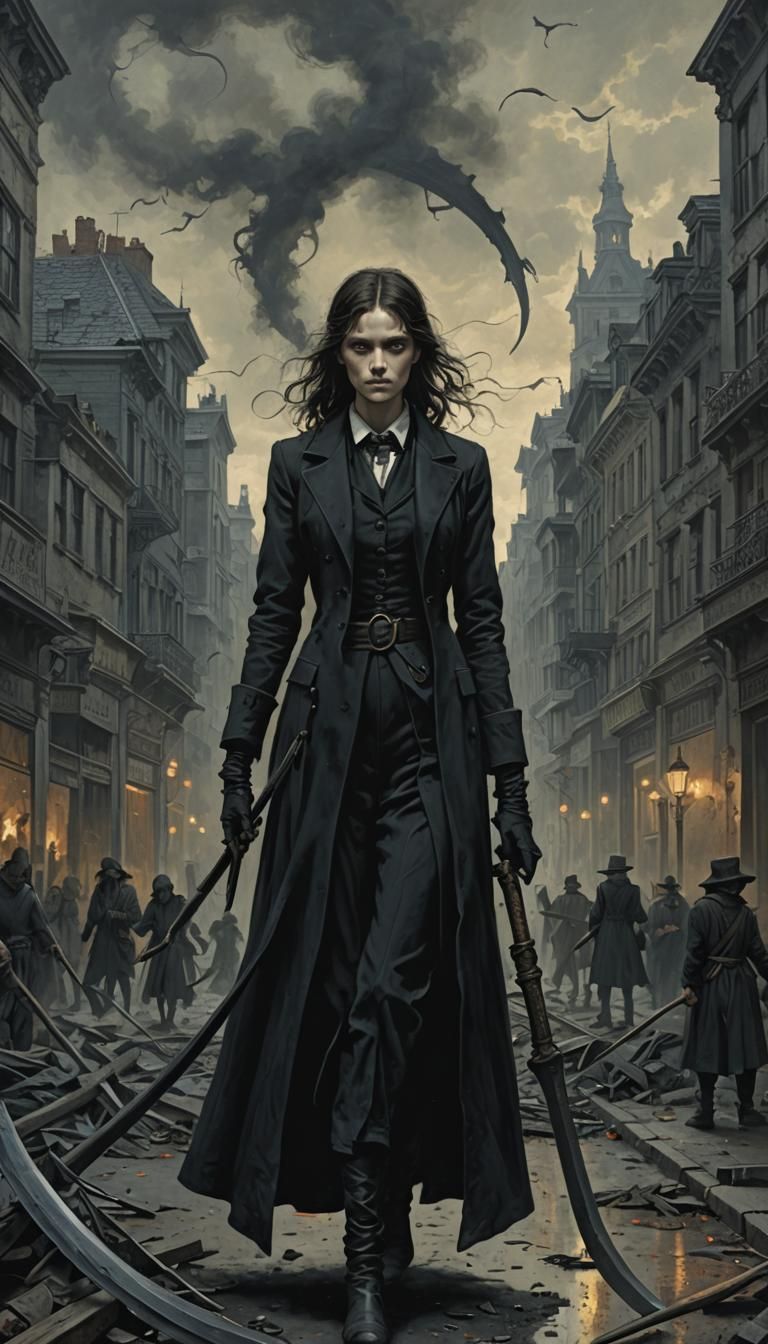 Woman with Scythe in City: Gothic Horror Art