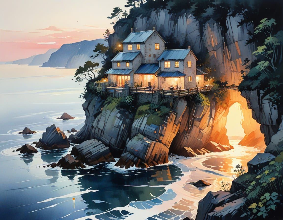 Seaside Cliffs Sorcerer's Alcove in Watercolor Style