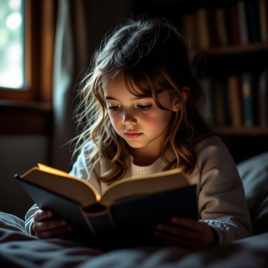 Young Girl Lost in a Book: Cinematic Film Still